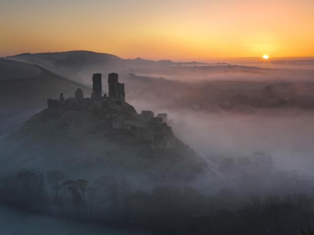Corfe Castle at Sunrise Dorset England