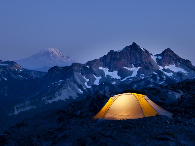 Camping Below the Tatoosh Range and Mount Adams at Dusk MR Nat Park Washington